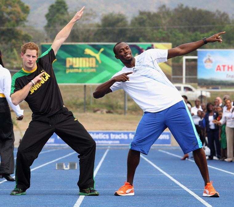 (FILE PHOTO) Usain Bolt has said he will retire after competing in the Rio 2016 Olympic Games. KINGSTON, JAMAICA - MARCH 06:  Prince Harry poses with ...