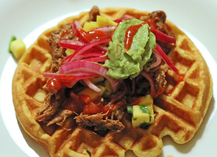 Waffles with guacamole and pulled pork