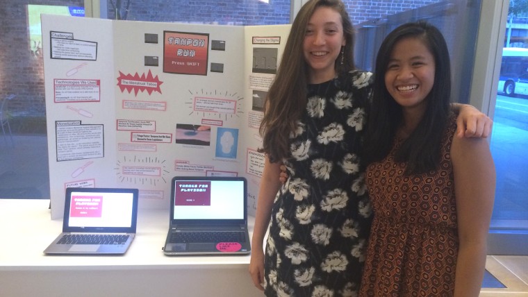 Sophie Houser (L) and Andrea \"Andy\" Gonzales say it started as a joke, but they're proud of the tampon-themed video game they created as part of \"Girls Who Code.\"