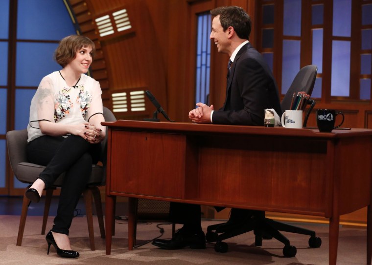 Dunham wore a fun embellished top while on \"Late Night with Seth Meyers\" on Feb.27, 2014.