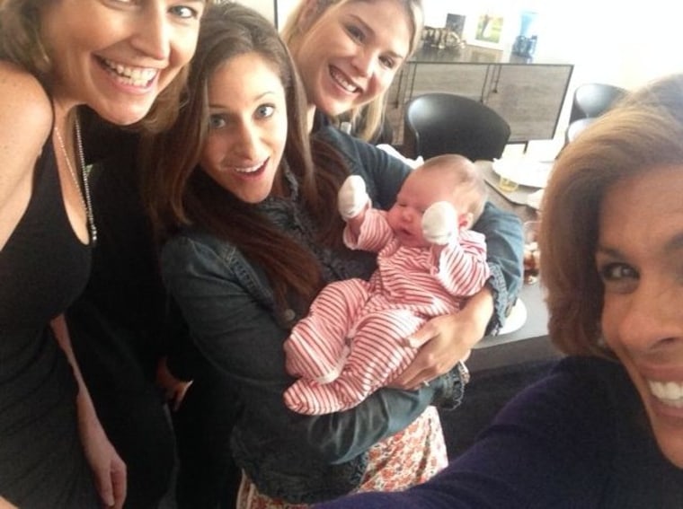 mile for the selfie: Savannah Guthrie gets a visit from Hoda Kotb, Jenna Bush Hager and Megan Kopf Stackhouse, who is holding Savannah's daughter Vale.