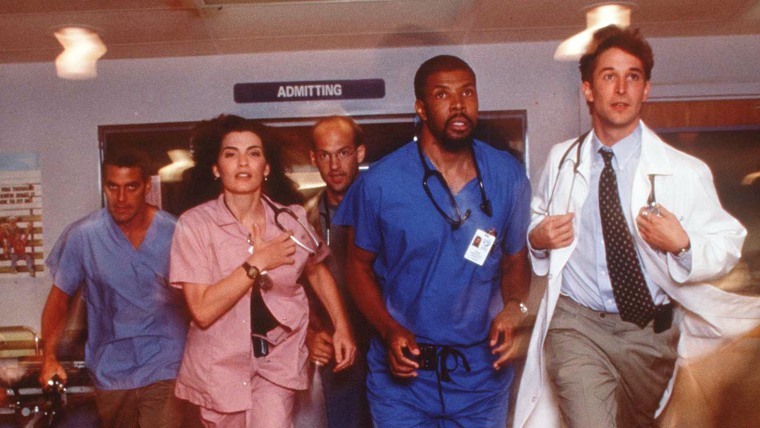 The cast of \"ER\" in 1997: George Clooney, Julianna Margulies, Anthony Edwards, Eriq La Salle and Noah Wyle.