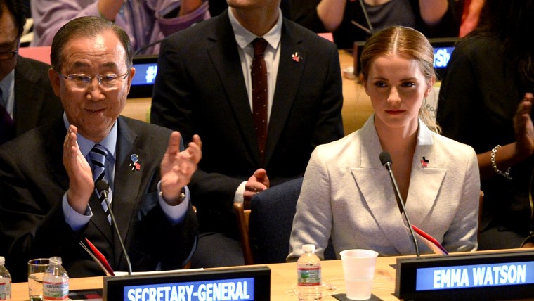 U.N. Goodwill Ambassador Emma Watson and United Nations Secretary General Ban Ki-moon pose for a photo September 20, 2014 at the United Nations in New...