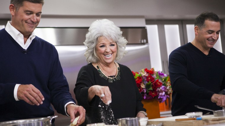 Paula Deen and her two sons Bobby and Jamie, along with Kathy Lee Gifford and Hoda Kotb, make fried apple pies on the TODAY show in New York, on Sept....