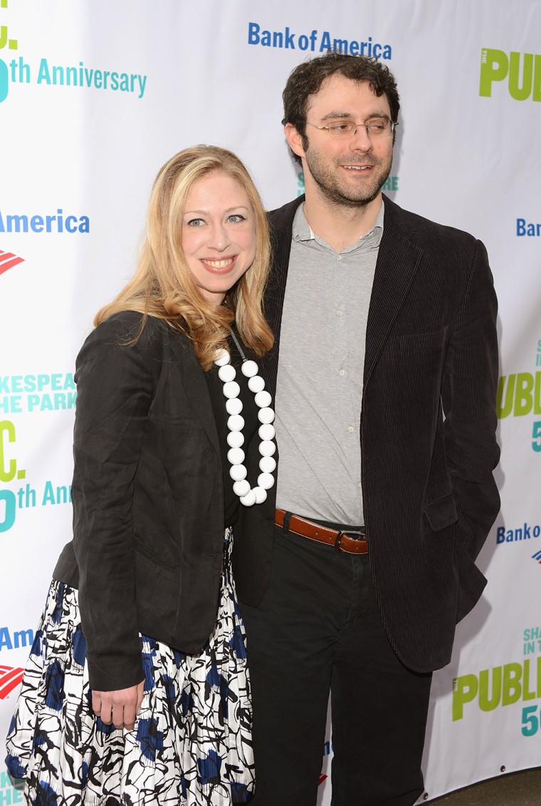 Chelsea Clinton and husband Marc Mezvinsky attend the Public Theater's 50th anniversary gala in 2012.