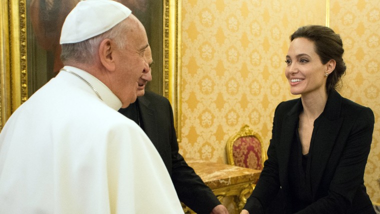 Pope Francis meets Angelina Jolie during a private audience at the Vatican, Thursday, Jan. 8, 2015. (AP Photo/L'Osservatore Romano, Pool)
