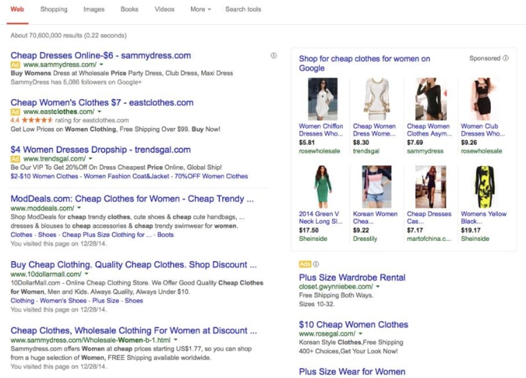Results of a Google search for \"cheap clothes for women.\"