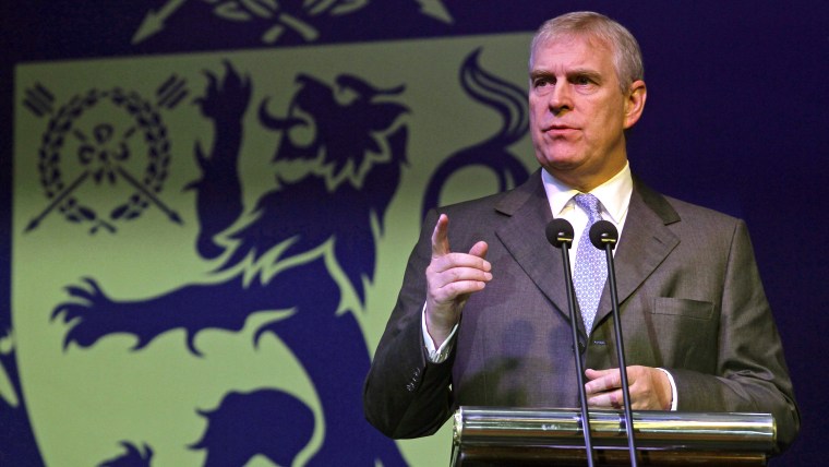 Britain's Prince Andrew speaks at the 10th anniversary of Harrow International School Beijing, in an October 24, 2014 file photo. Buckingham Palace st...