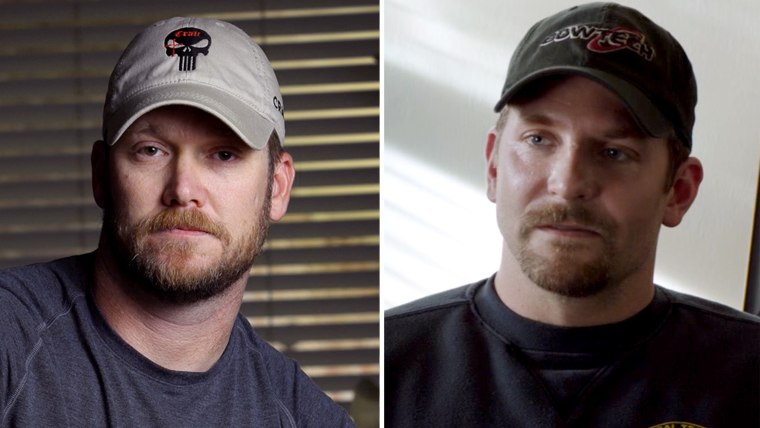 Image: Chris Kyle (left), and Bradley Cooper in character as Kyle in \"American Sniper.\"