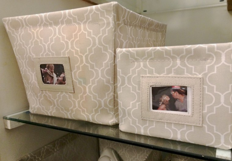 Jill used these pictures of Jenna and daughter Mila to organize their items in the bathroom.