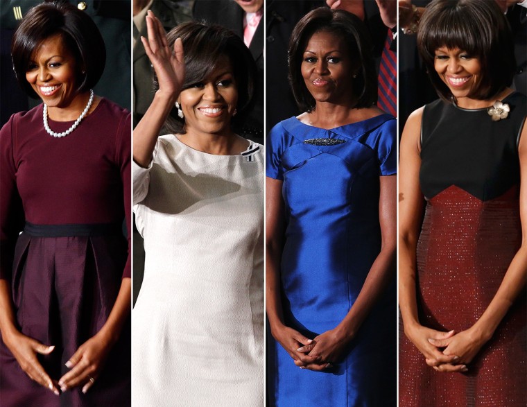 Image: The first lady has grabbed attention with a number of memorable looks at past State of the Union addresses, seen here from 2010 to 2013.