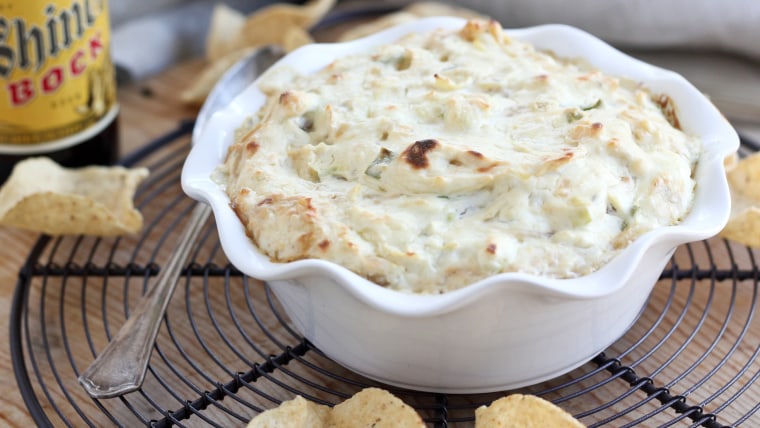 Cheesy beer caramelized onion and artichoke dip