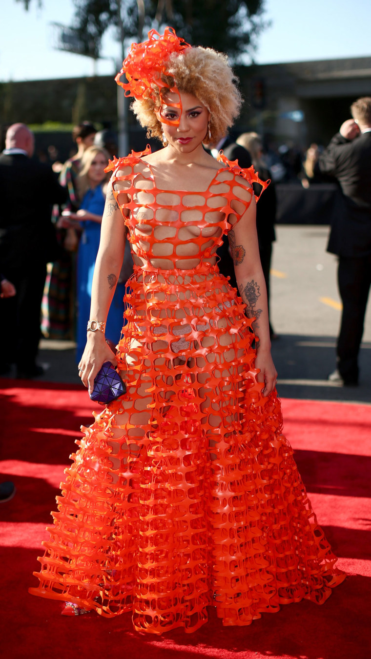 joy villa orange dress Grammys 2015: Joy Villa wears dress made of recycled material on red carpet Daily News
