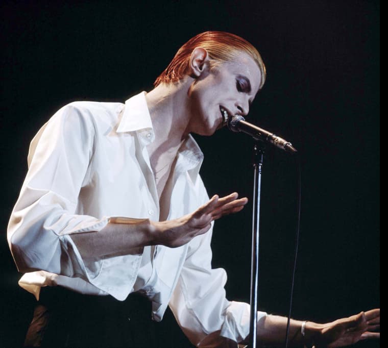 Image: Singer David Bowie performing on stage as the \"Thin White Duke\"