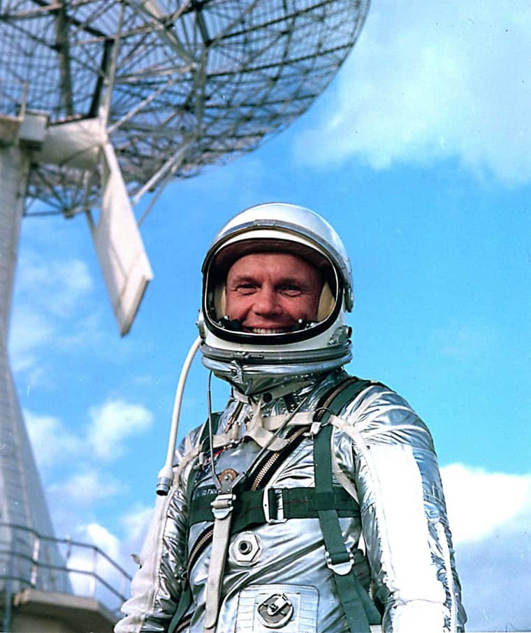 Astronaut John Glenn wears a training version of a Mercury spacesuit during a break from training for the Mercury-Atlas 6 mission in 1962, when Glenn became the first American to orbit the Earth.