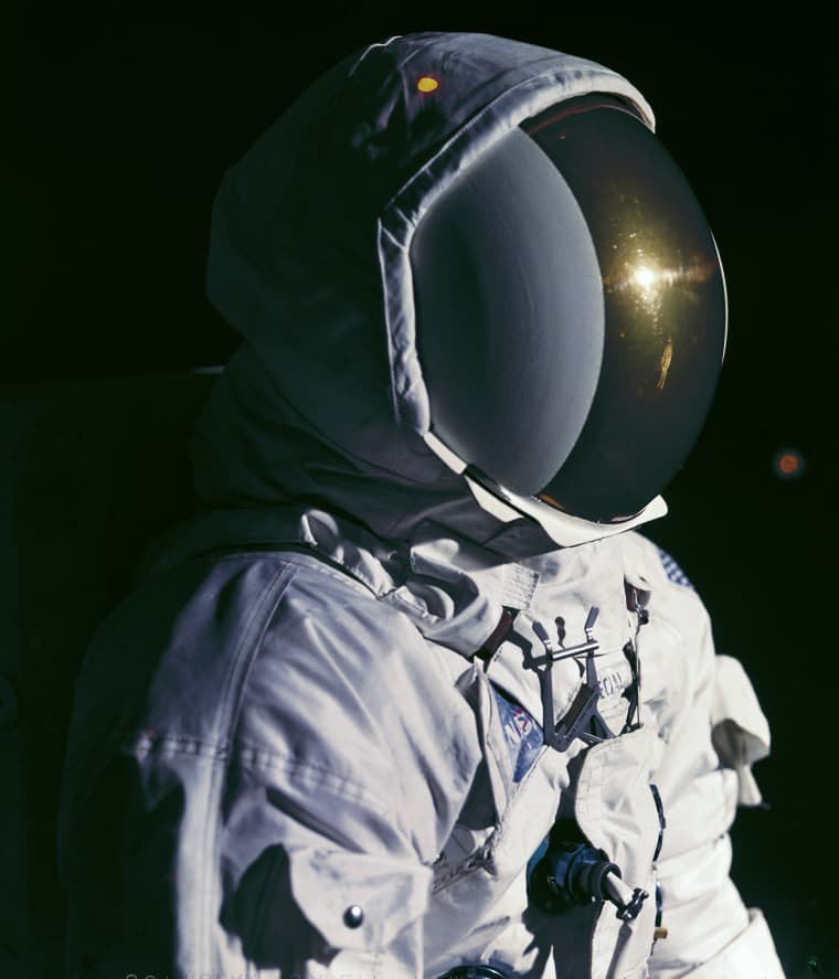 The crew members of Apollo 11 mission: detail of the helmet with the outer visor down