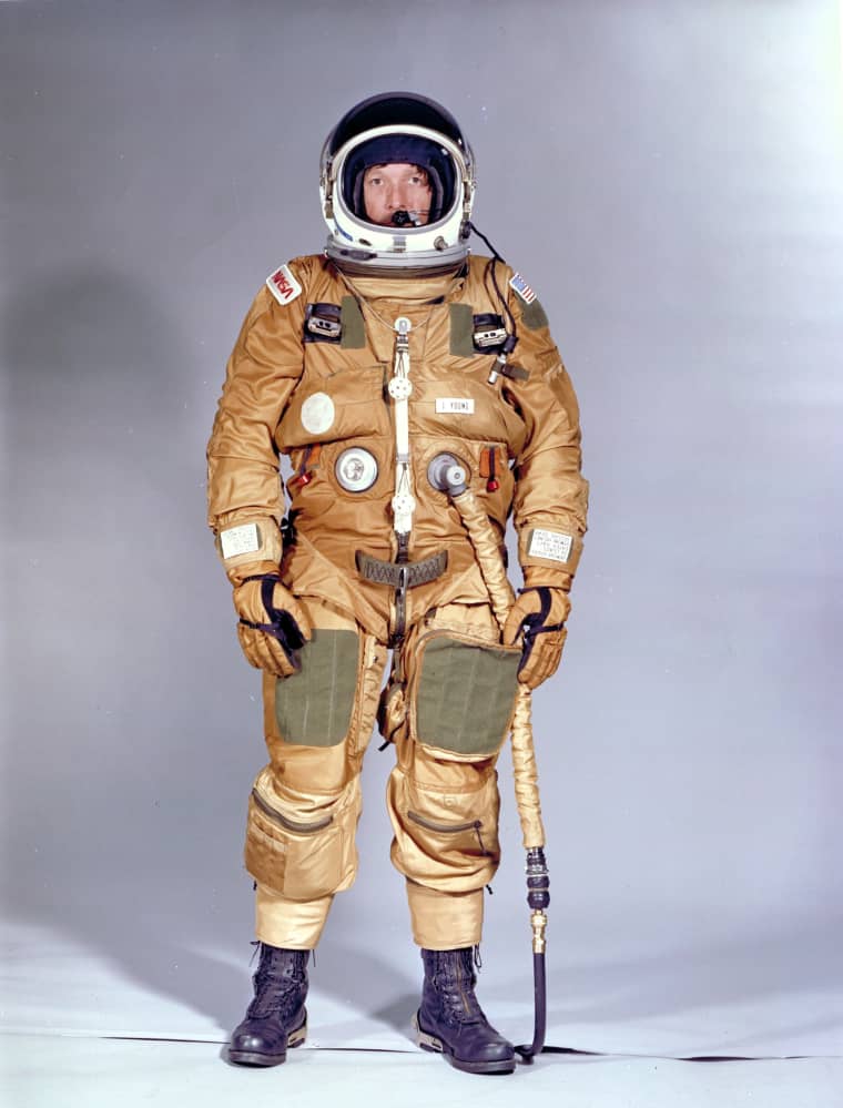 When the fist shuttle flight, STS-1, lifted off on April 12, 1981, astronauts John Young and Robert Crippen wore the ejection escape suit modeled here.