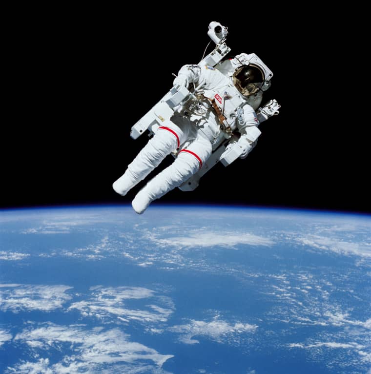 In February 1984, shuttle astronaut Bruce McCandless became the first astronaut to float in space untethered, thanks to a jetpack-like device called the Manned Manuevering Unit, or MMU.