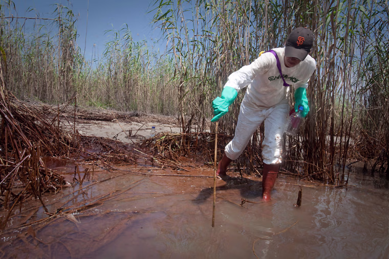 Image: Greenpeace staff member tests water
