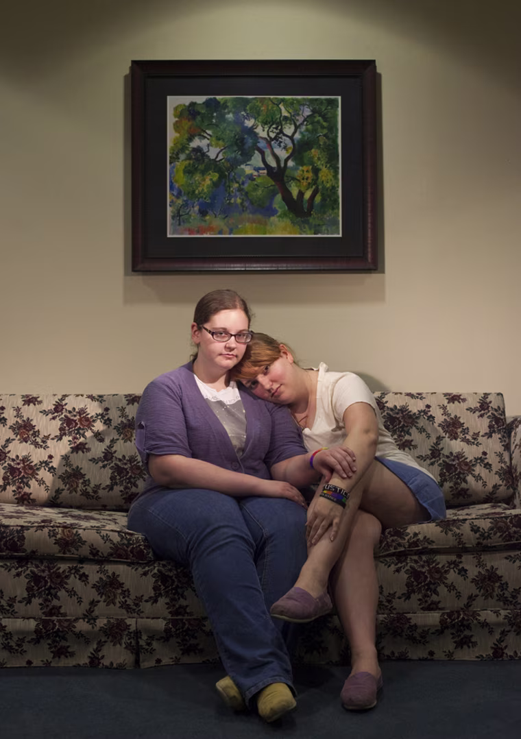 Image: Samantha Jones, left, and her girlfriend, Saralyn Salisbury, homosexual students at Baylor University who participate in informal Sexual Identity Forum gatherings.