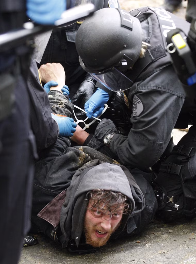 Image: Police officers arrest a protester