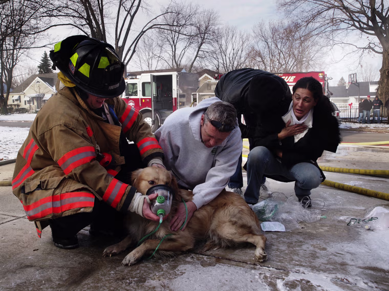 Image: Amira Bichara, right, gasps in relief as a golden retriever rescued from a house fire begins breathing normally