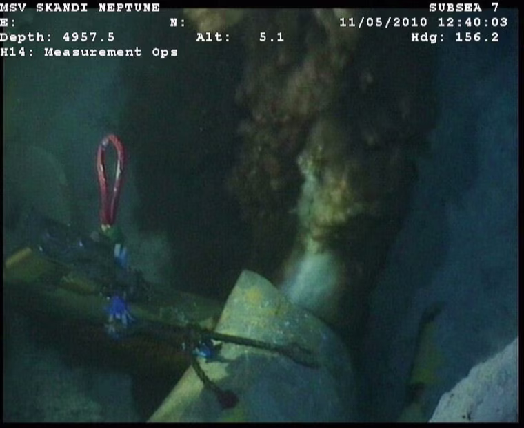 UNDATED:  In this handout from BP, the main oil leak at the end of the riser pipe is seen underwater in the Gulf of Mexico. An estimated 1,000-5,000 barrels of oil a day are leaking into the Gulf after the Deepwater Horizon oil platform sunk off the coast of Louisiana.