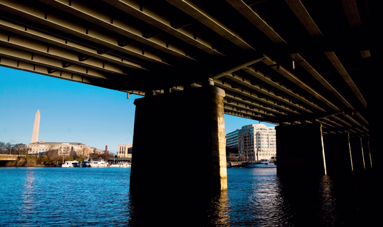Image: A view of the Washington Monument from under the Francis Case Memorial Bridge