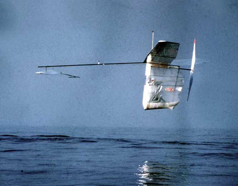 Gossamer Albatross is pedaled by American Bryan Allen over the English Channel on June 12, 1979.  The first man-powered flight across the channel from England to France took two hours and fifty minutes.  (AP Photo/Peter Kemp)