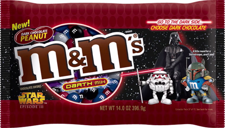 In this photograph provided by Masterfoods USA, Tuesday, March 29, 2005, in New York, a package of the new dark chocolate peanut M&Ms candy is shown. Masterfoods USA is introducing the plain and peanut dark chocolate varieties of M&Ms with a Star Wars pitch: Go to the Dark Side. (AP Photo/Masterfoods USA)