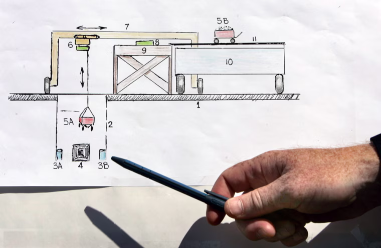Canadian official points to drawing showing design of tunnel dug underneath US-Canada border during news conference in Aldergrove