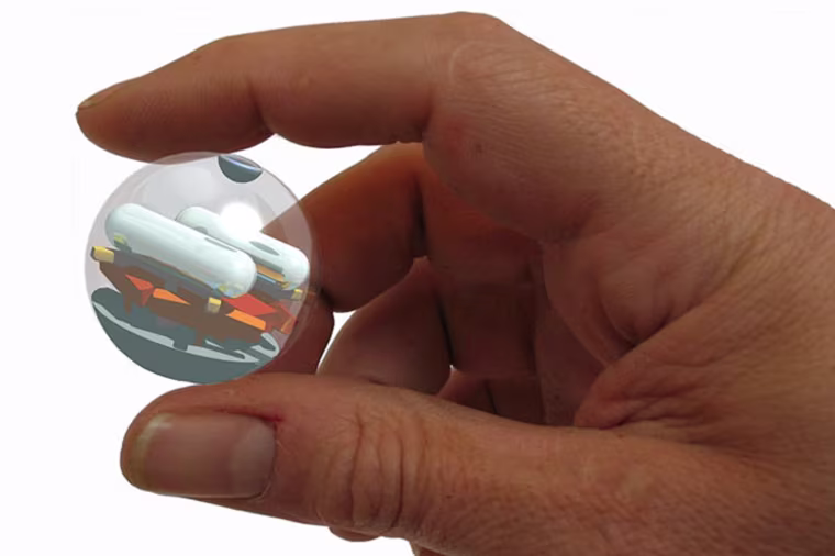 Small, spherical microbots filled with minature fuel cells, instruments and an artificial muscle for hopping could prove an asset for future planetary exploration.