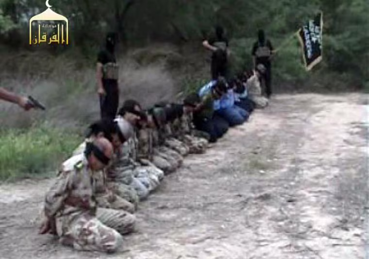 This photo provided by IntelCenter purports to show the execution of 20 members of the Iraqi military and security forces that a group had been holding hostage. A Sunni insurgent coalition posted Web videos on Thursday, April 19, 2007, naming the head of al-Qaida in Iraq as \"minister of war\" and showing the execution of 20 men it said were members of the Iraqi military and security forces. (AP Photo/Intel Center, HO) ** THE ASSOCIATED PRESS HAS NO WAY OF INDEPENDENTLY VERIFYING THE CONTENT, LOCATION OR DATE OF THIS PICTURE. NO SALES MANDATORY CREDIT, INTELCENTER **