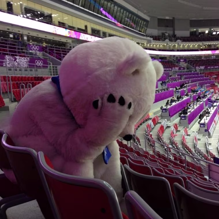The Sochi Games bear mascot is inconsolable after Russia's loss to Finland in men's hockey.