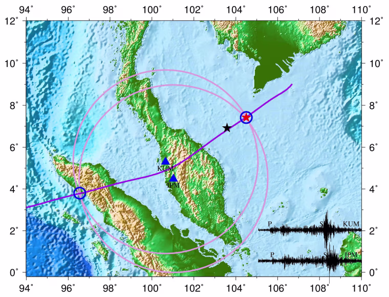 A map of a “seismic event” consistent with an airplane crash on the sea floor close to where missing Malaysia Airlines jet lost contact with air traffic control was released by Chinese scientists on Friday. The black star indicates where the plane lost contact, the red star where the event was detected and the blue triangles show the locations of seismic monitors. The black waves on the bottom right of the map show recording of the tremors.