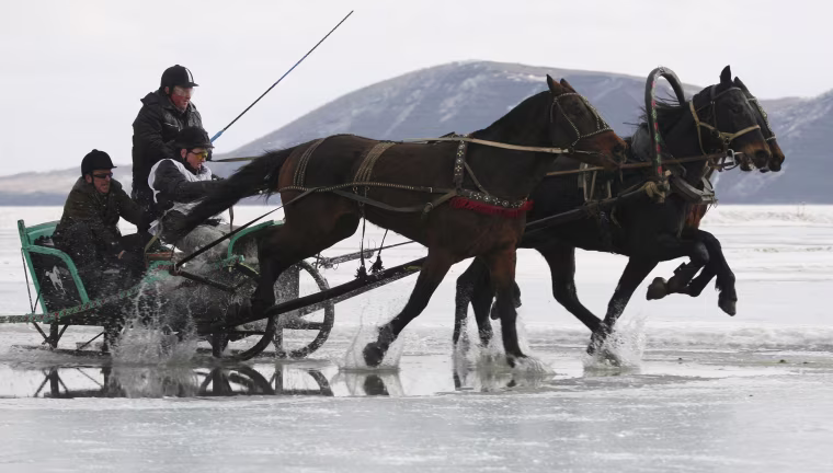Image: A Russian Troika, a sledge drawn by three horses, competes on the frozen Yenisei River during the 44th Ice Derby amateur horse race near the settlement of Novosyolovo
