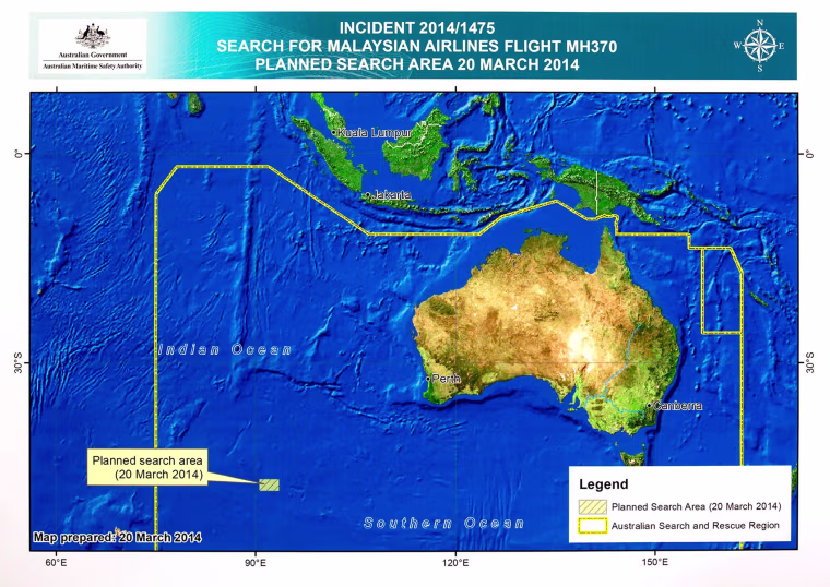 Image: A diagram showing the search area for Malaysia Airlines Flight MH370 in the southern Indian Ocean is seen during a briefing at AMSA in Canberra