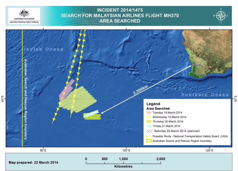 Image: A chart detailing the search area for Malaysian Airlines flight MH370 on March 21