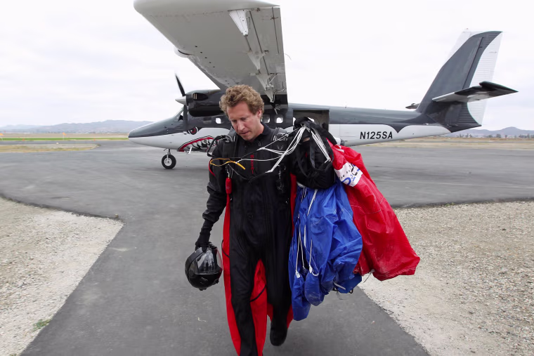 Image: Wingsuit jumper Joby Ogwyn after taking a practice jump near Perris, Calif.