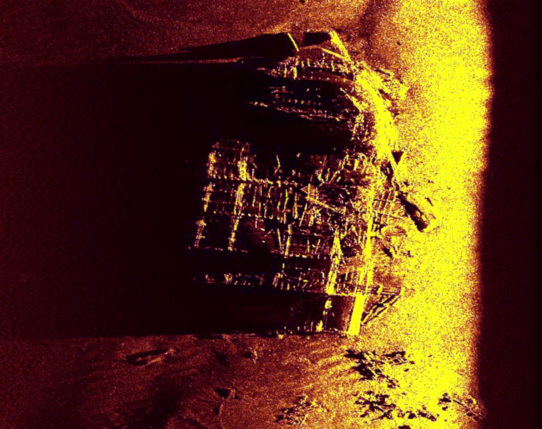 Image: The wreckage of the bow of an American ship that sank to the ocean floor off the coast of England during World War II
