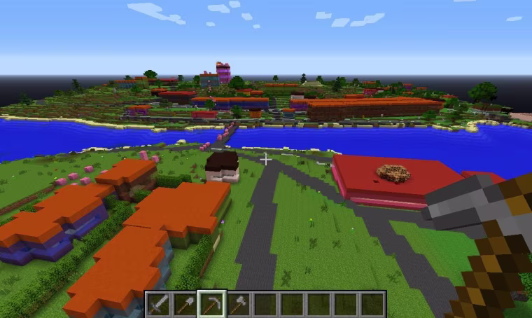 A view of a small town in eastern Denmark; hundreds of other cities are similarly represented in the Minecraft map created by the Danish Geodata Agency.