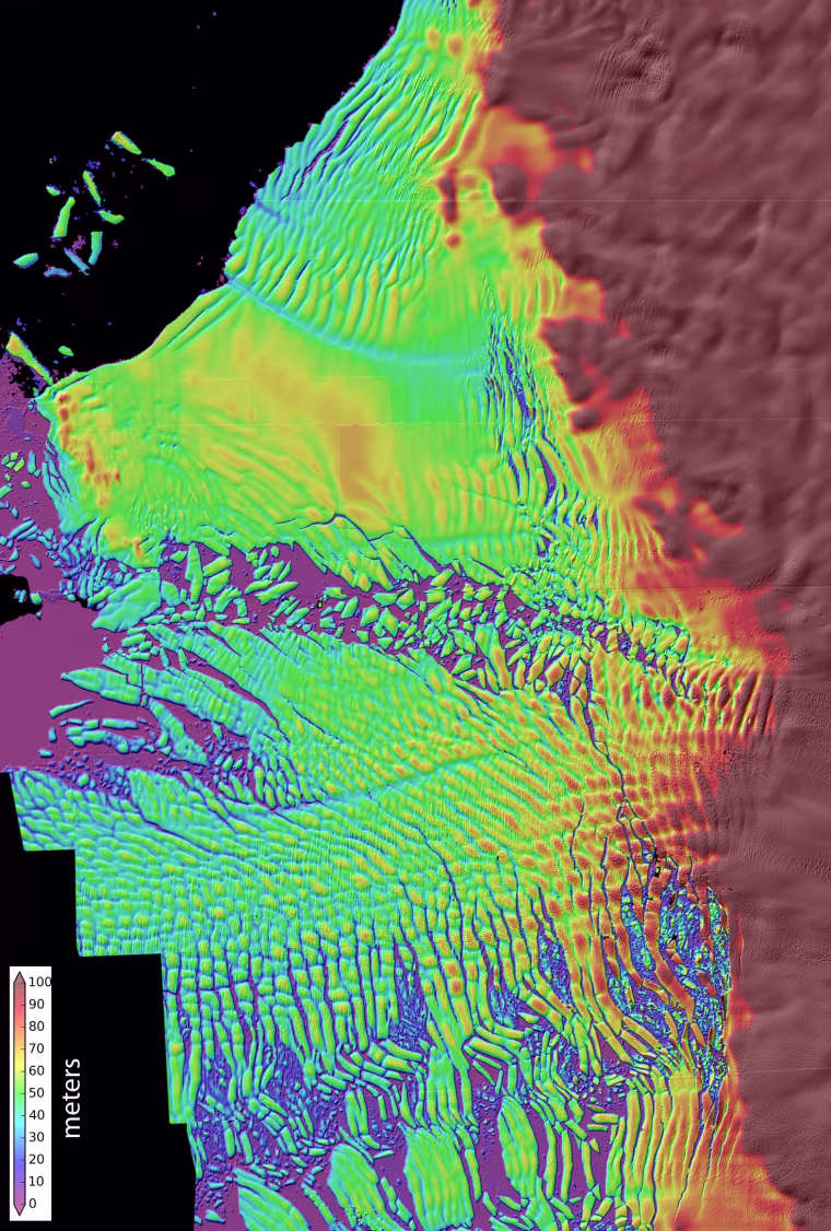 A high-resolution radar map shows Thwaites Glacier’s thinning ice shelf. Warm circumpolar deep water is melting the underside of this floating shelf, leading to a speedup in the glacier's retreat. This glacier now appears to be in the early stages of collapse, with full collapse potentially occurring within a few centuries.