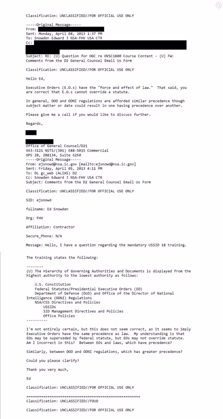 NSA Edward Snowden email exchange