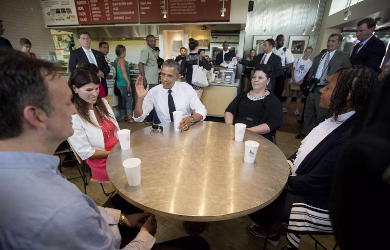 Image: Barack Obama, Rodger Trombley, Lisa Rumain, Shelby Ramirez, Shirley Young.