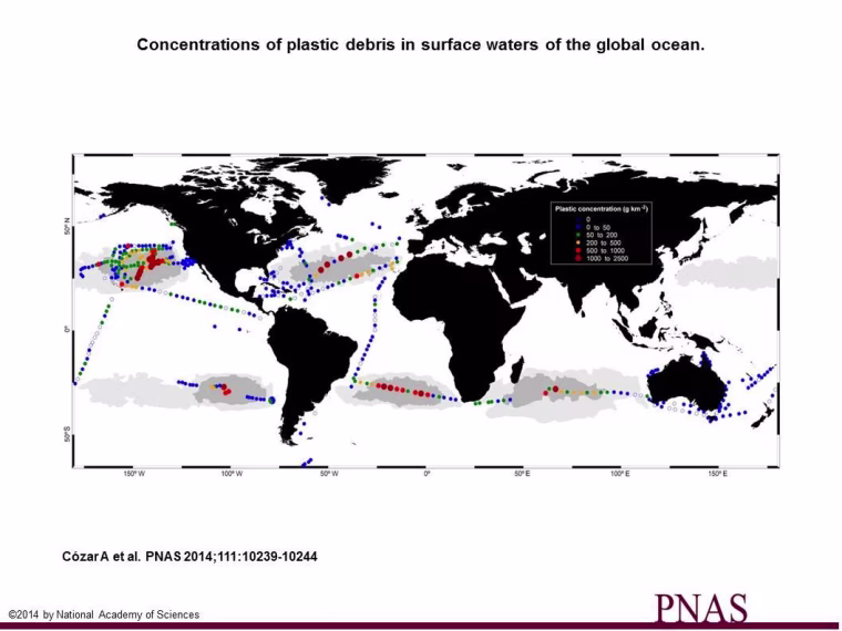 Image:  Andres Cozar Cabanas published a study last July showing where plastic debris has been found in the five gyres