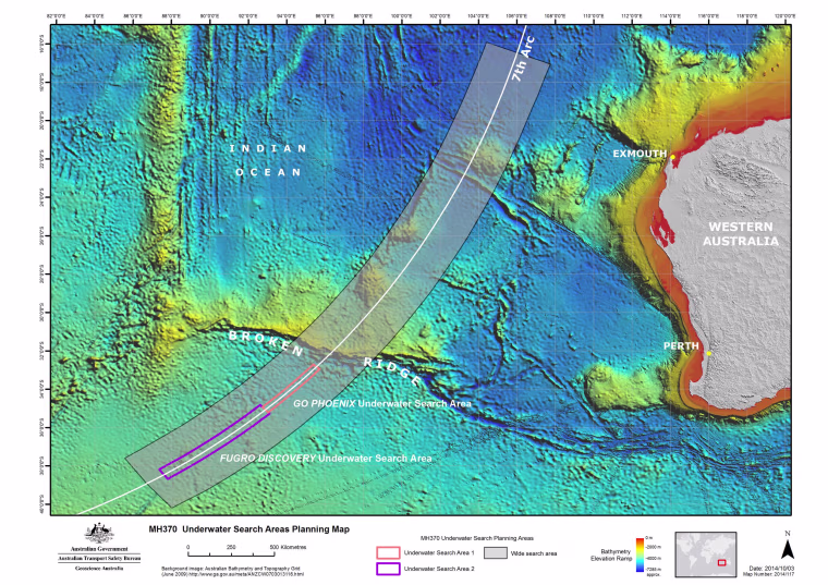 A map showing the planned search areas in the hunt for missing Malaysia Airlines Flight MH370.