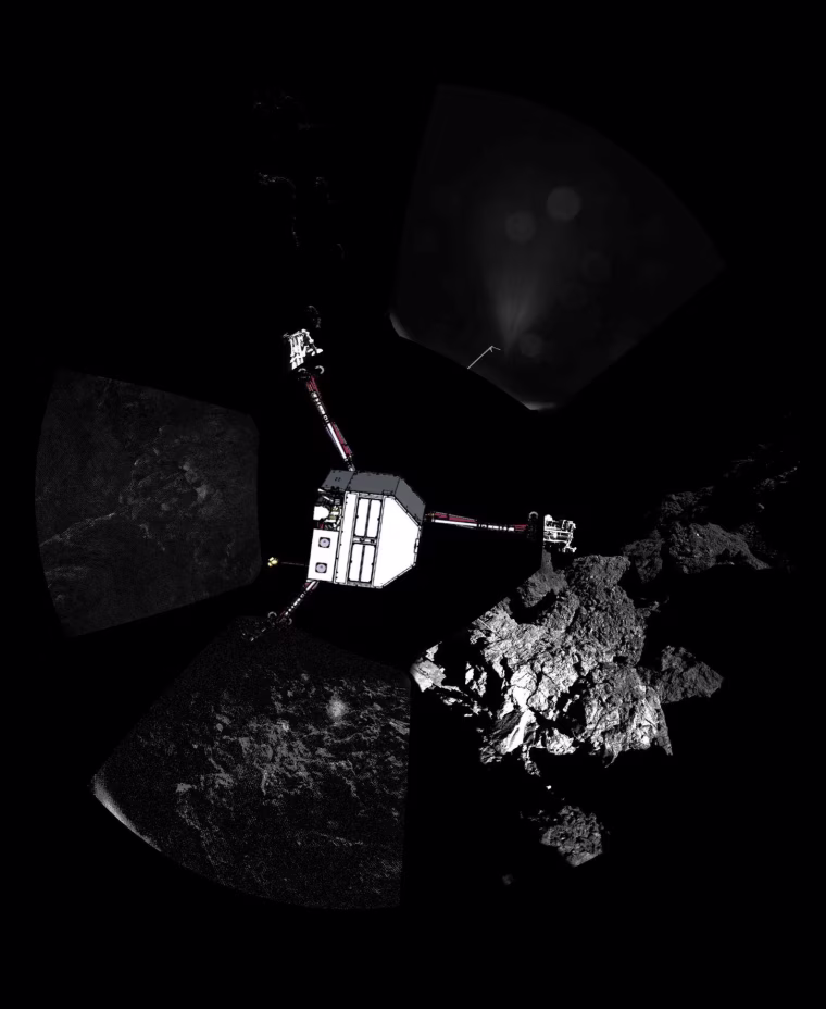 Rosetta’s lander Philae has returned the first panoramic image from the surface of a comet. The view, captured by the CIVA-P imaging system, shows a 360º view around the point of final touchdown. Superimposed on top of the image is a sketch of the Philae lander in the configuration the lander team currently believe it is in.