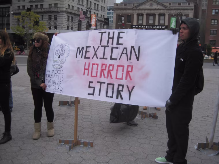 A sign at a recent New York City vigil over the 43 teachers college students who disappeared over 7 weeks ago in the state of Guerrero, in Mexico.