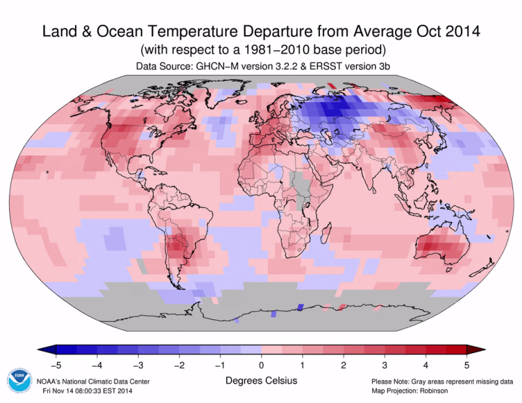 Image: Land and ocean temperature departures for October 2014