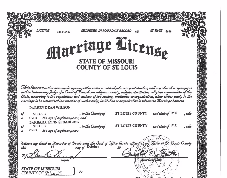 Image: Darren Wilson's Marriage Licence